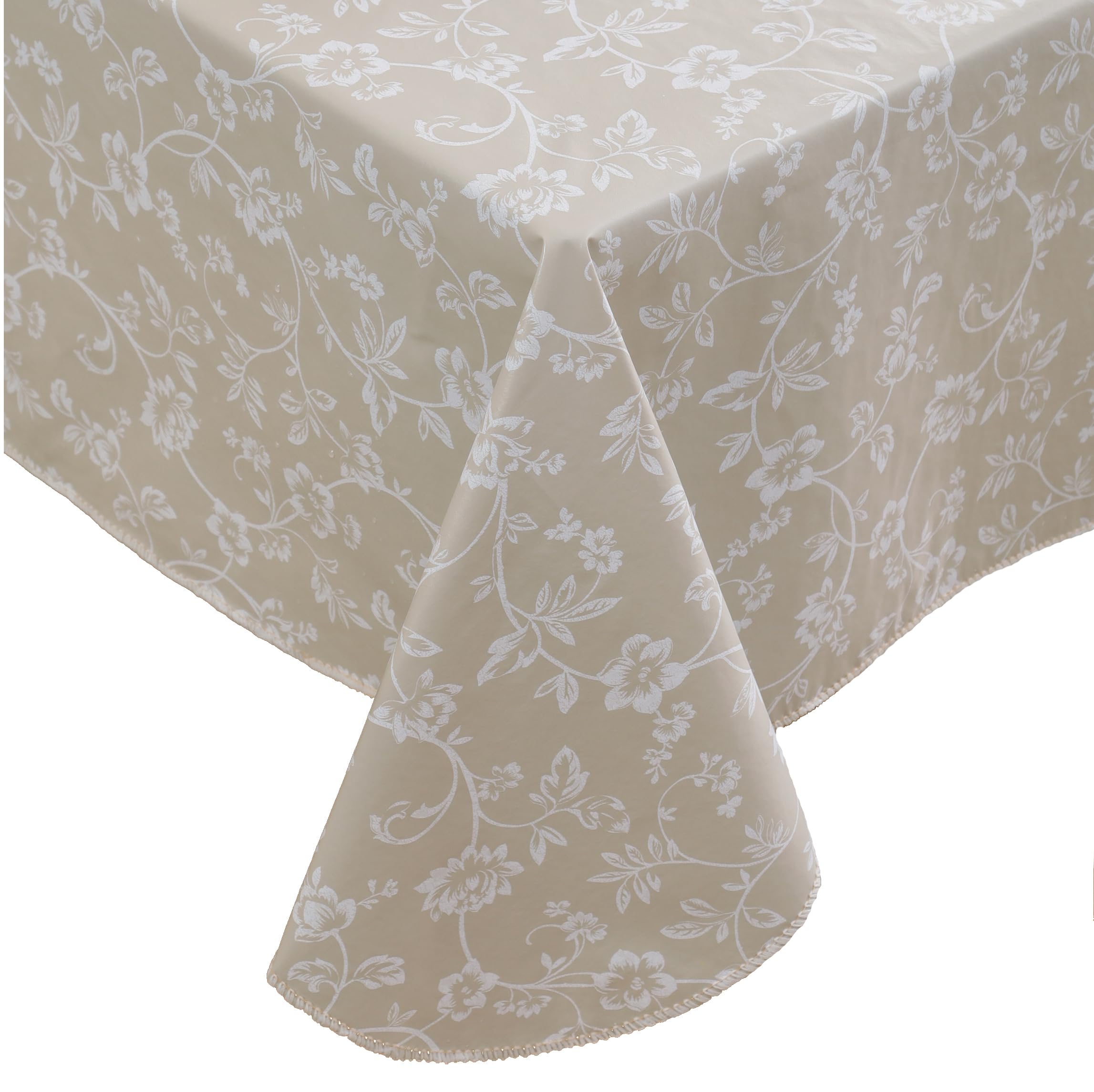 Walrus cubre mesa vinilo pesado con franela beige floral; protege contra manchas y salpicaduras.