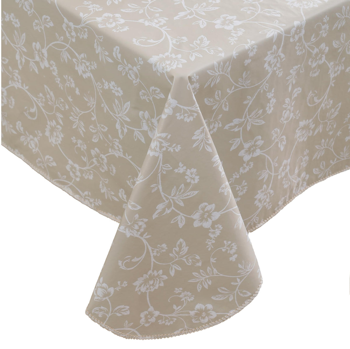 Walrus cubre mesa vinilo pesado con franela beige floral; protege contra manchas y salpicaduras.