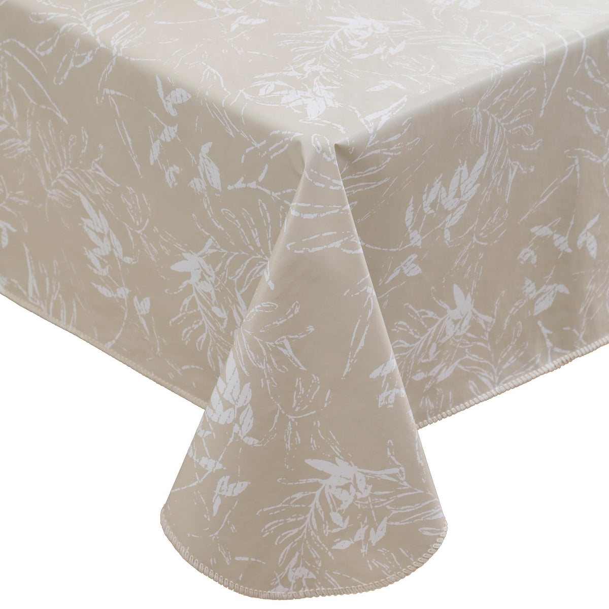 Mantel Walrus de vinilo beige con hojas, protección anti manchas para comedor.
