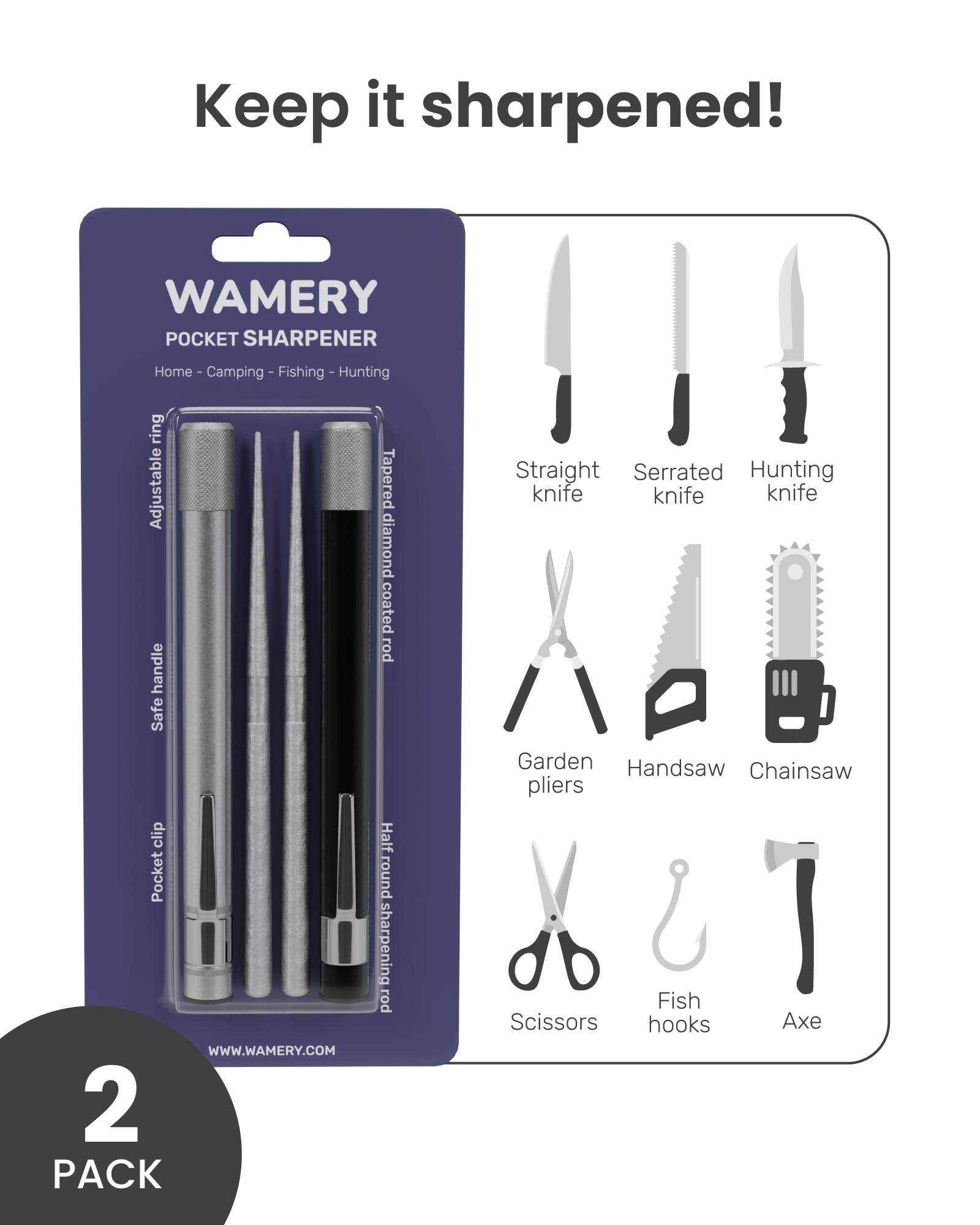 Varilla diamante retráctil Wamery para afilar cuchillos serrados y rectos con precisión.