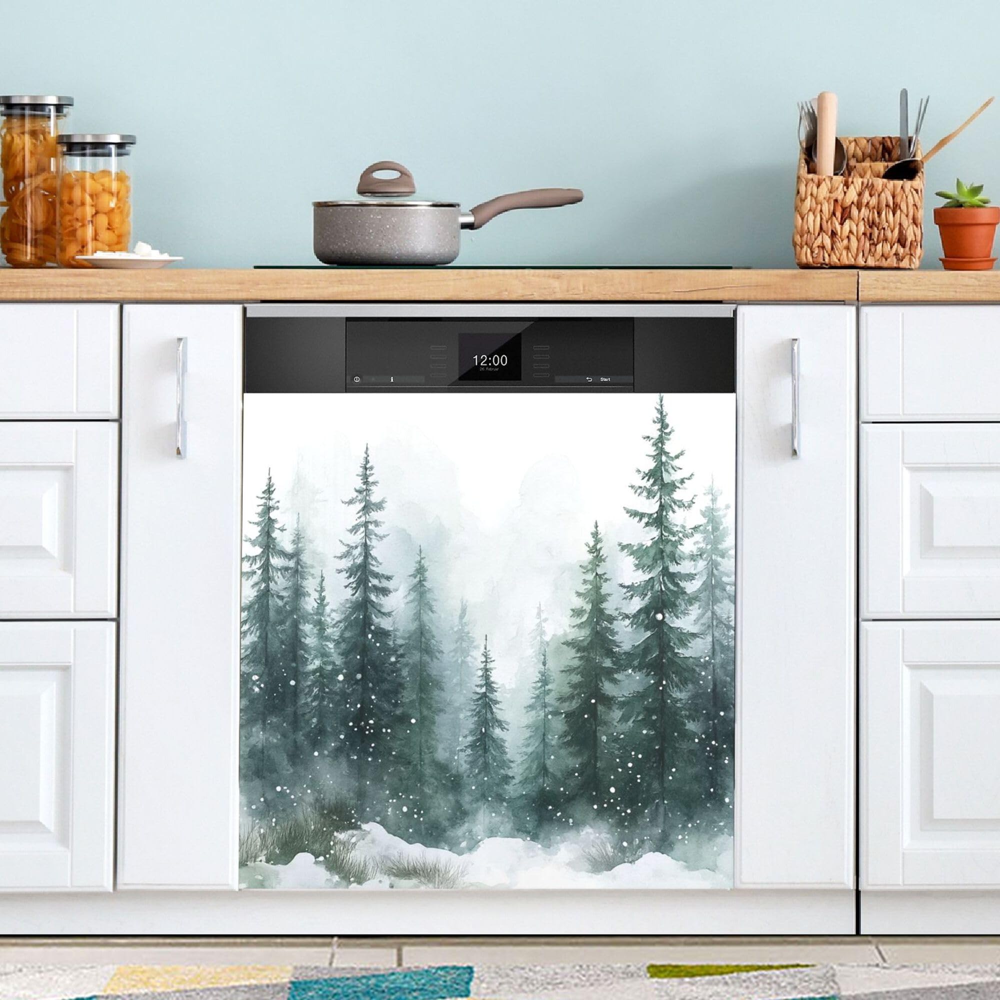 Wamika lavavajillas con escena de pino invernal para decorar y modernizar la cocina.