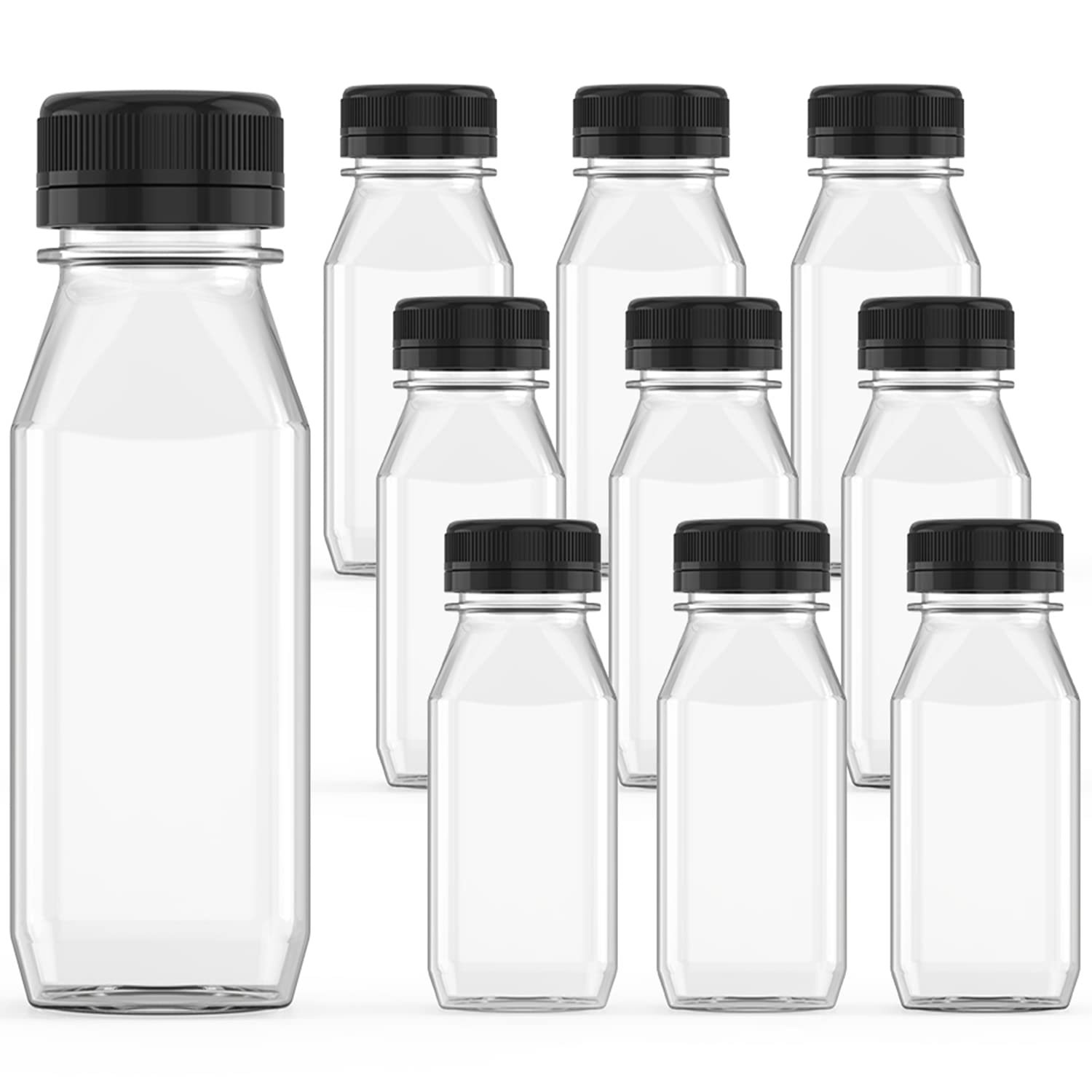 Botella WANBAO 8 onzas transparente con tapa negra, ideal para jugos frescos.