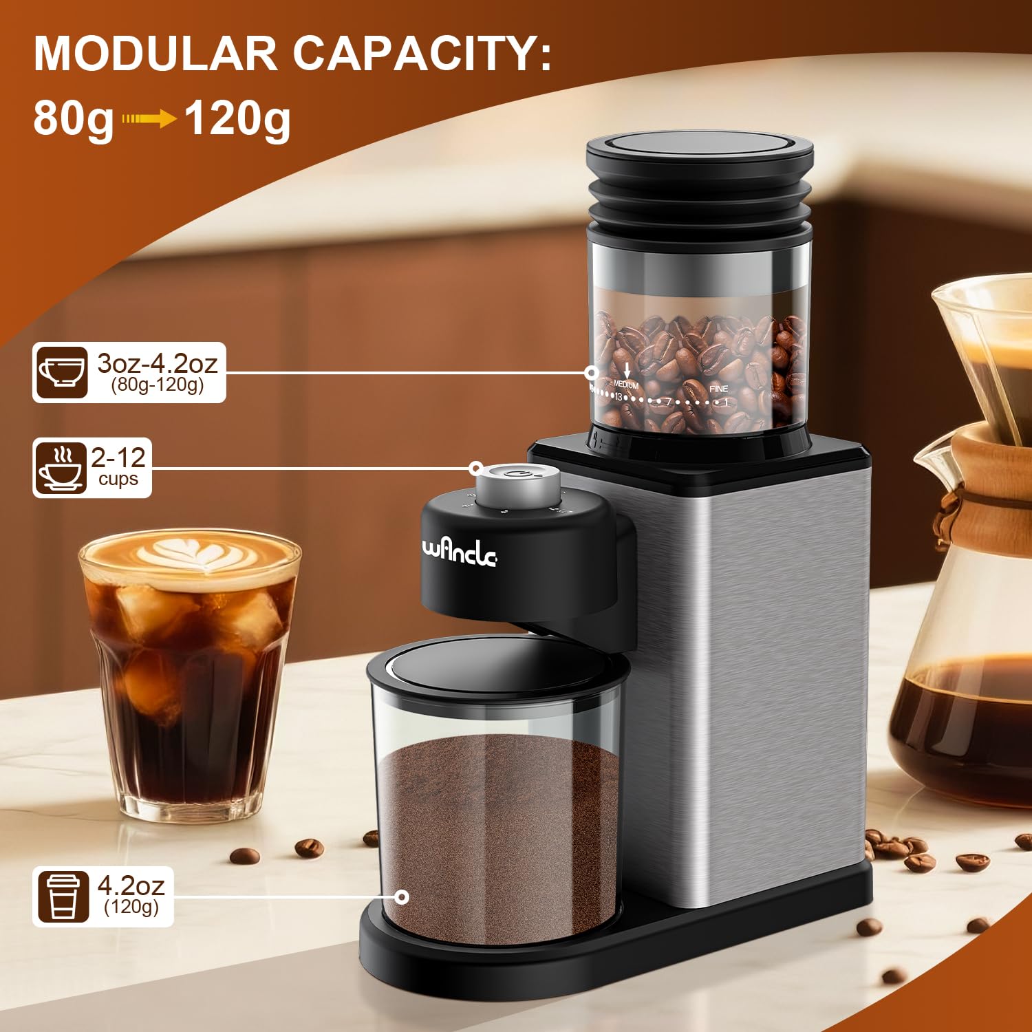 Wancle tolva de 80 g ampliable a 120 g para lotes grandes y frescos.
