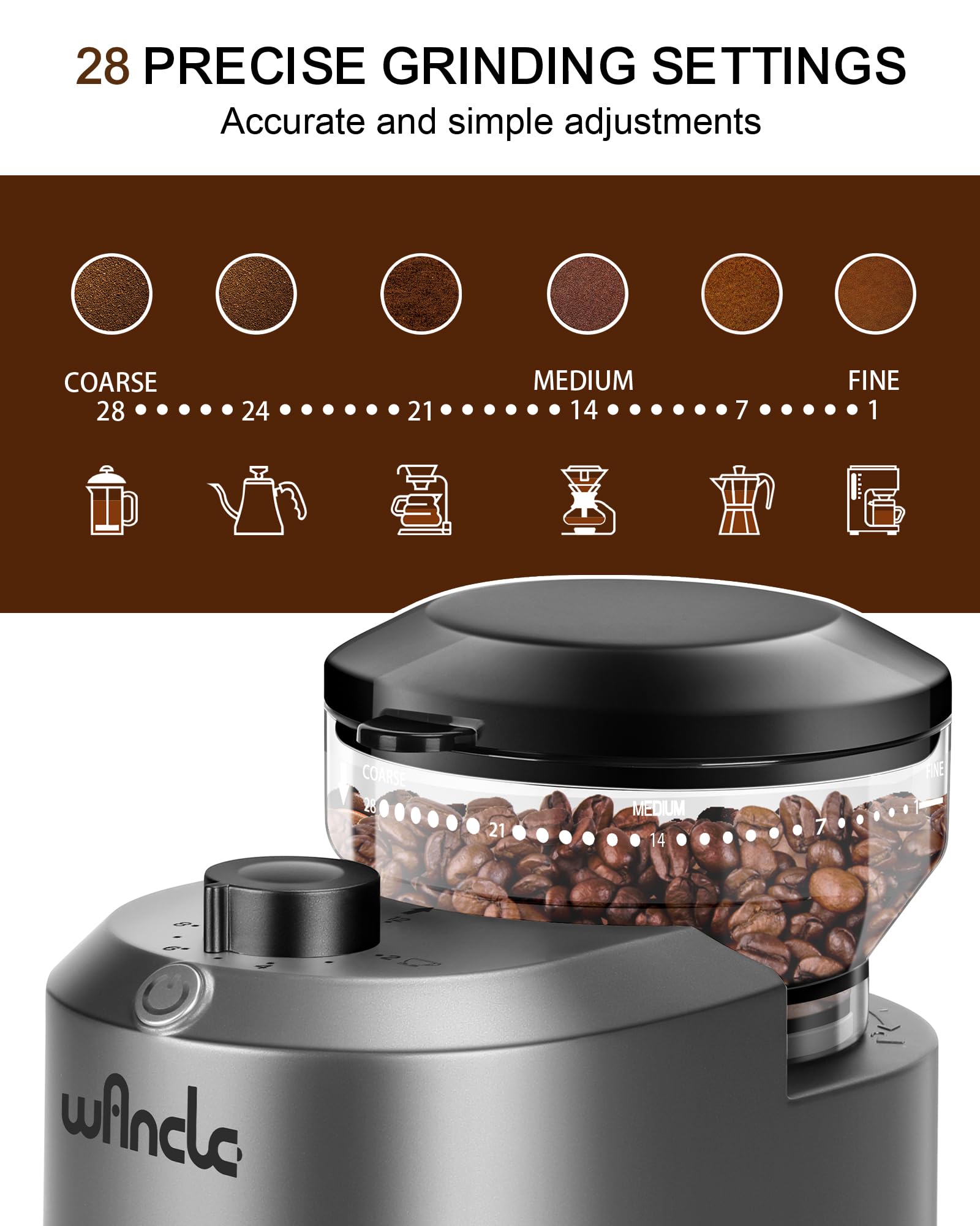 Molinillo de Wancle controla la cantidad para 2 a 12 tazas.