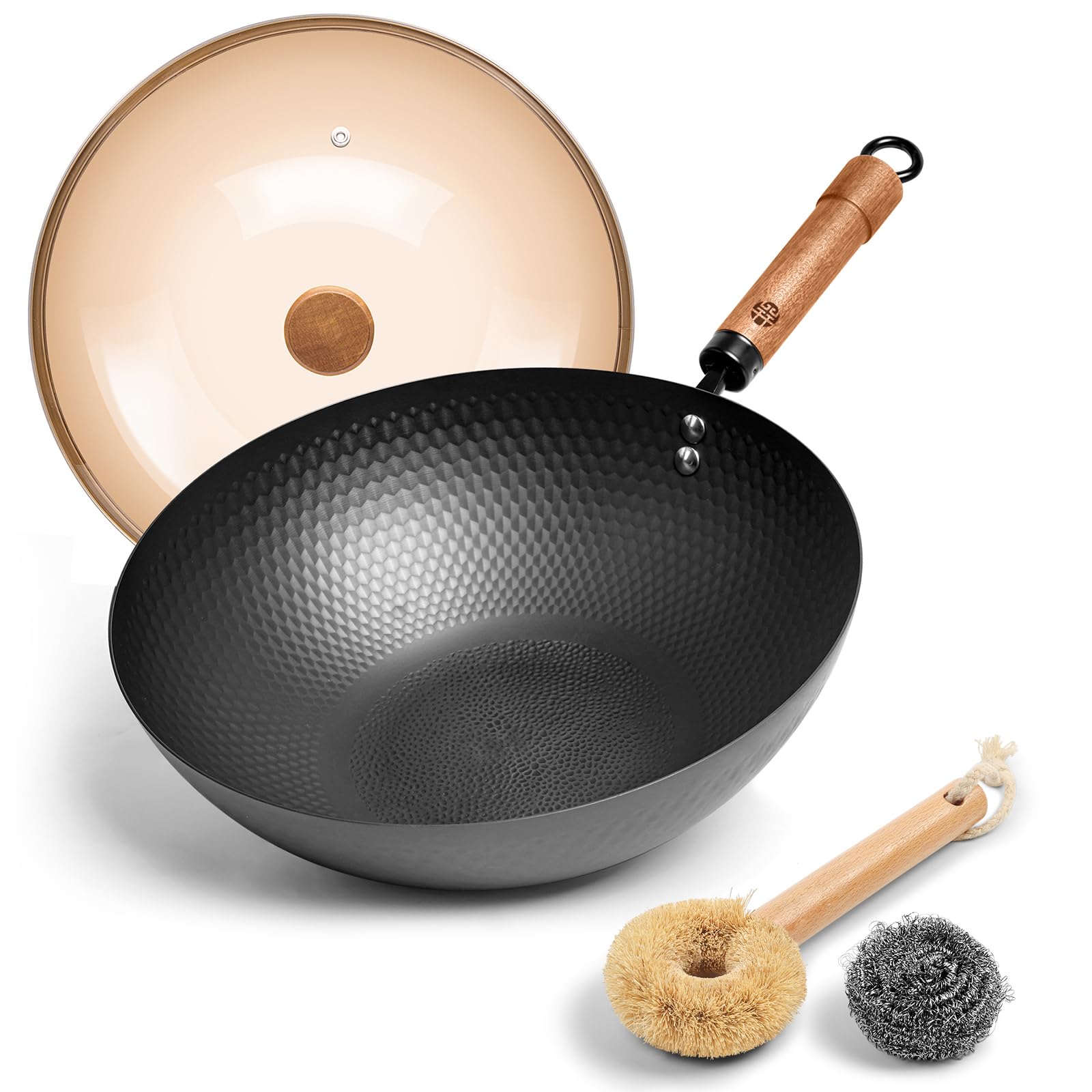 WANGYUANJI wok de 12,6 pulgadas con tapa para salteados eficientes.