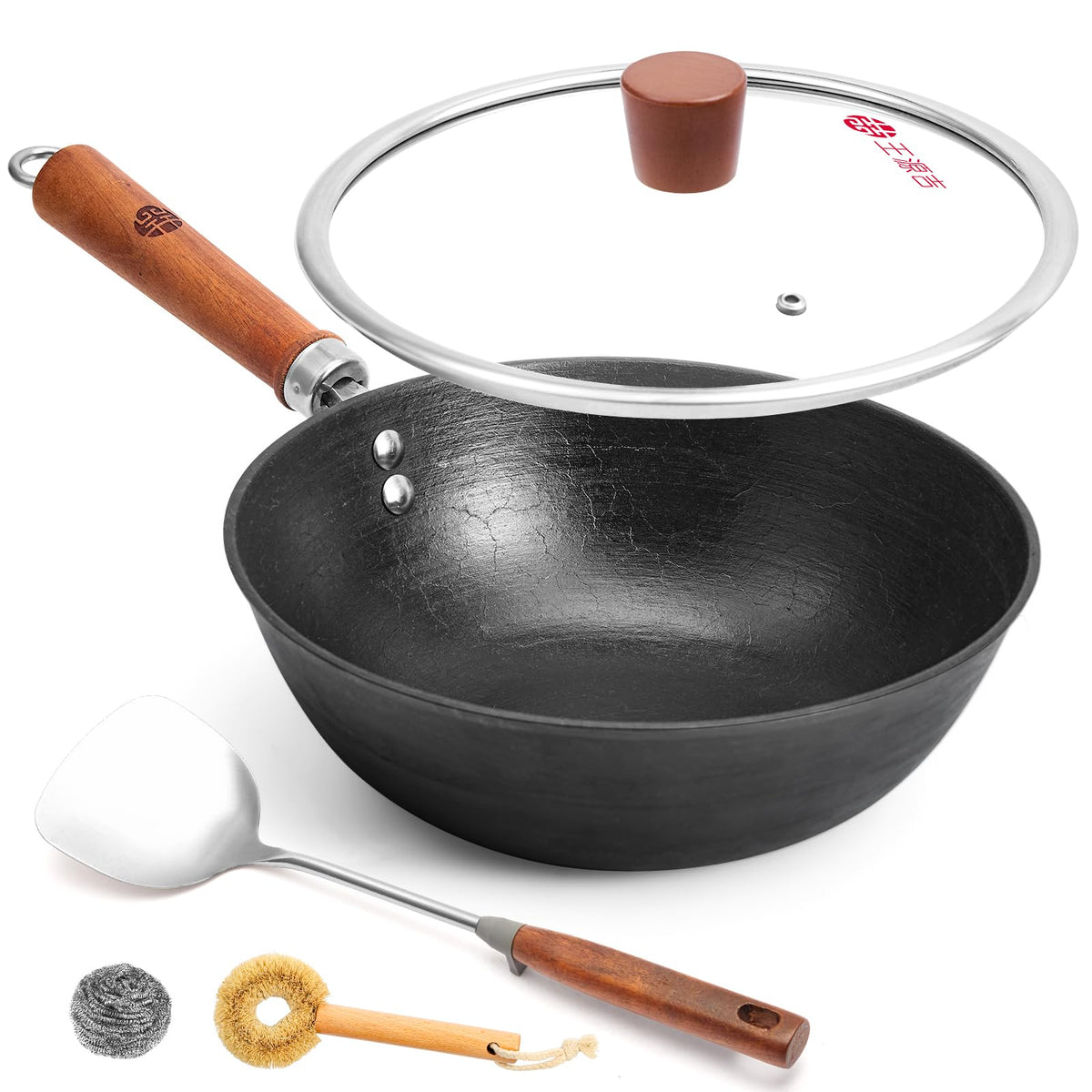 WANGYUANJI sartén estilo wok de hierro 10-2 pulgadas, cuerpo compacto para salteados rápidos.
