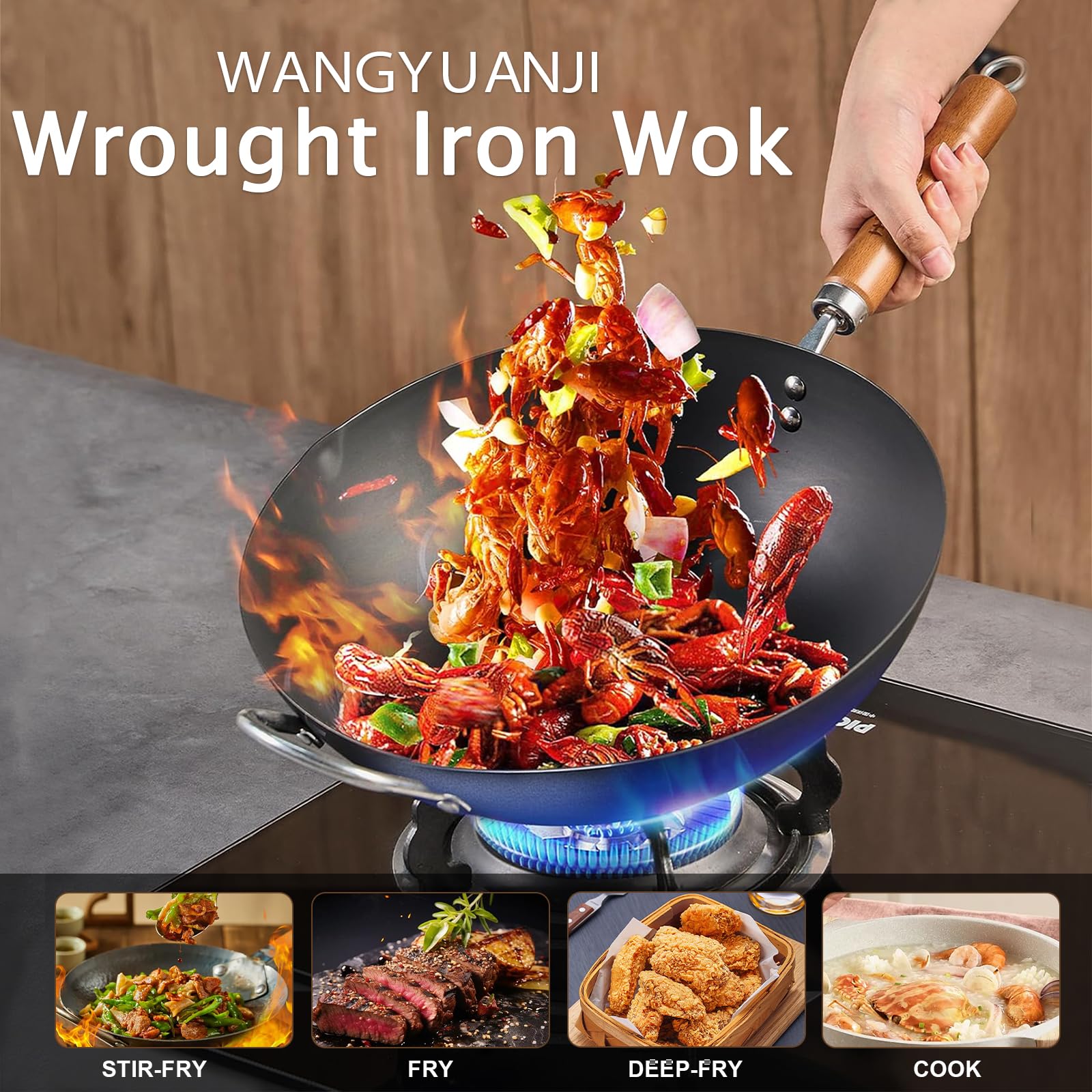 Superficie de hierro puro con nitruro en WANGYUANJI Wok Pan para durabilidad