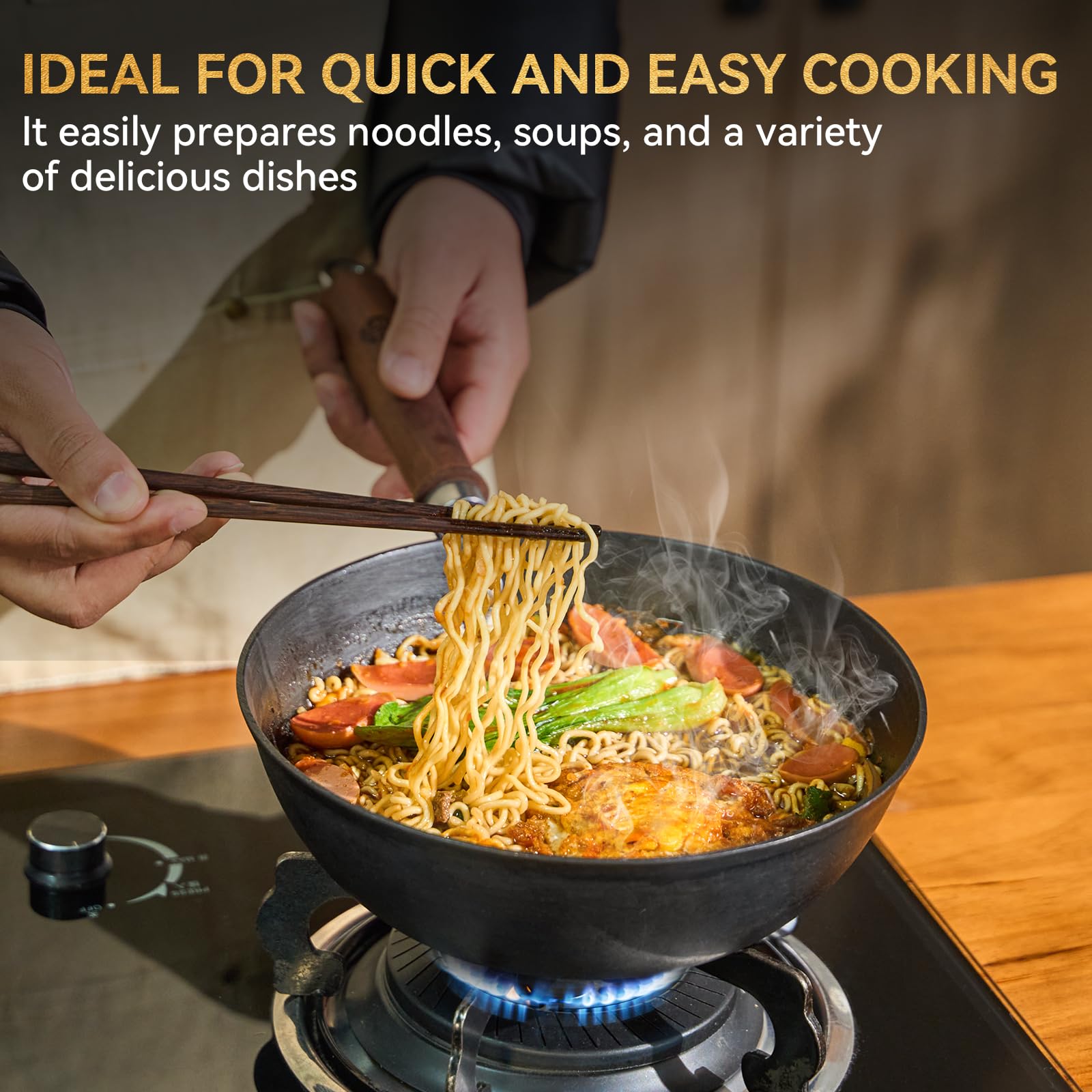 WANGYUANJI wok con tapa, hierro fundido, ideal para guisos con sabor profundo.