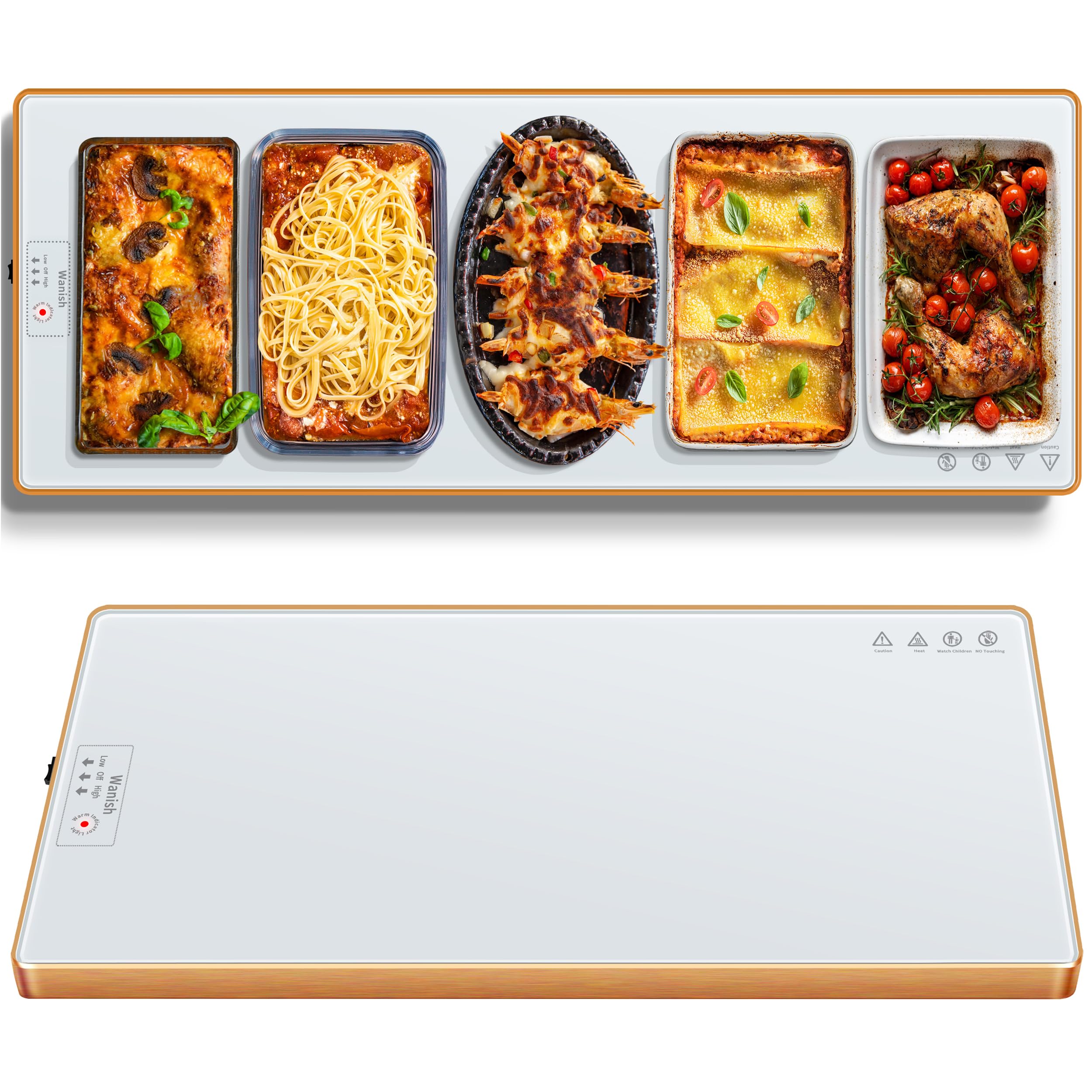 Bandeja calentadora Wanish, larga longitud, superficie de vidrio templado para buffets.