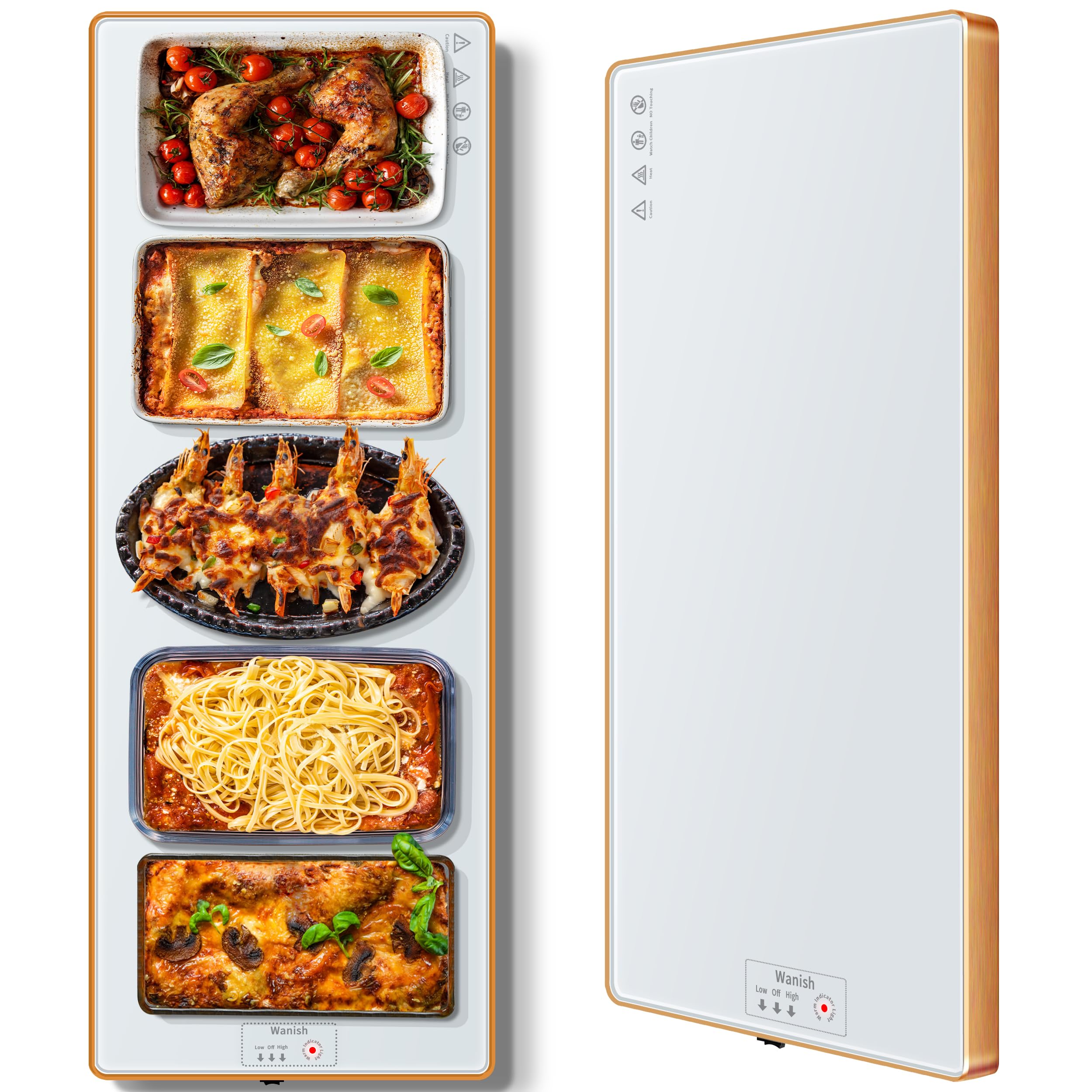 Bandeja caliente eléctrica Wanish, superficie rectangular 40x12, mantiene platos a temperatura constante.