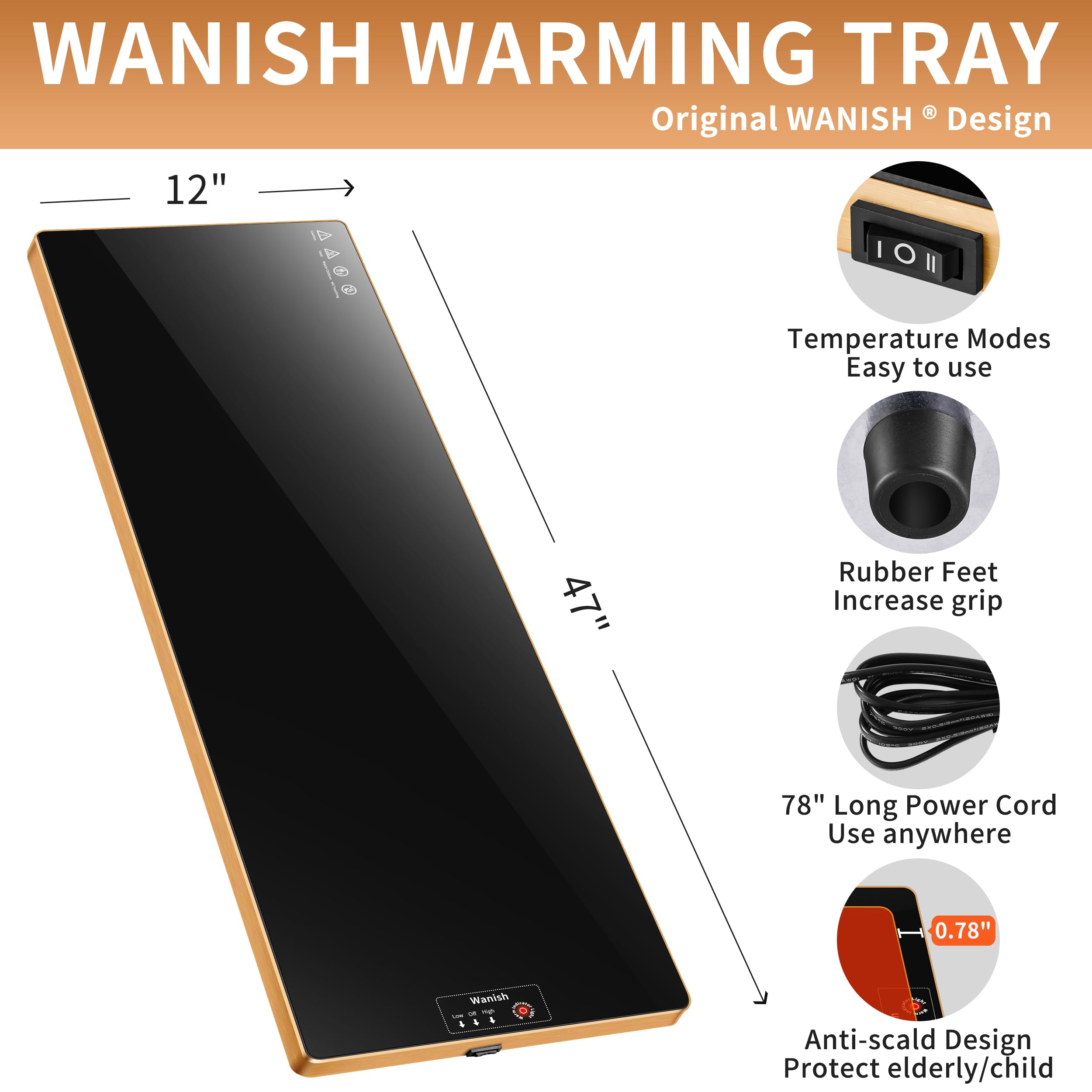 Superficie de vidrio templado de Wanish, fácil de limpiar y mantener platos calientes.