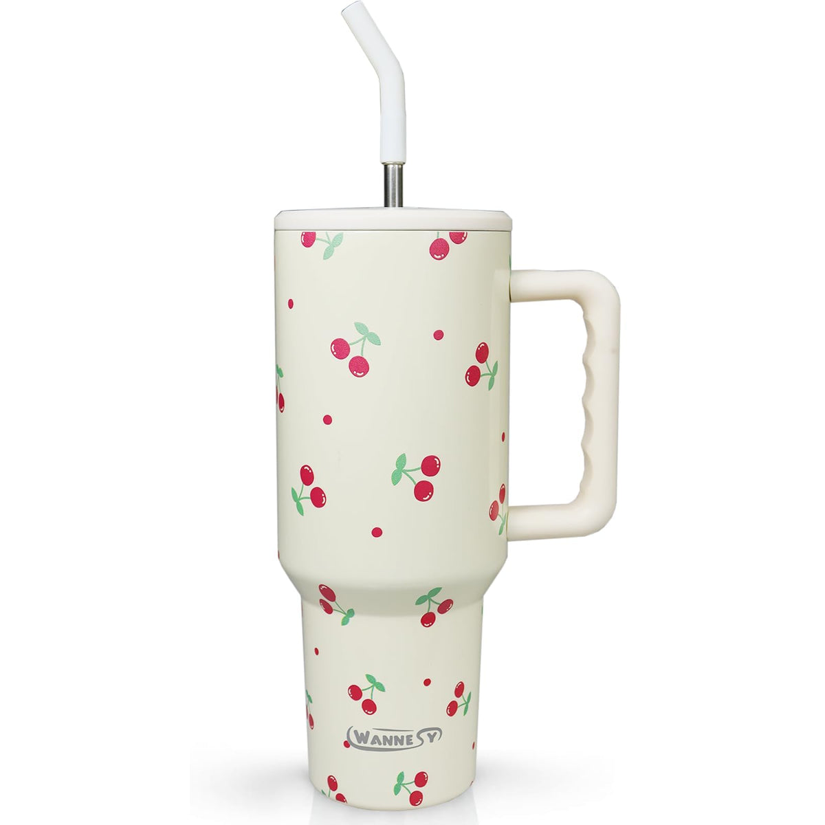 Taza wannesy cereza 40oz con mango ergonómico para un agarre cómodo.