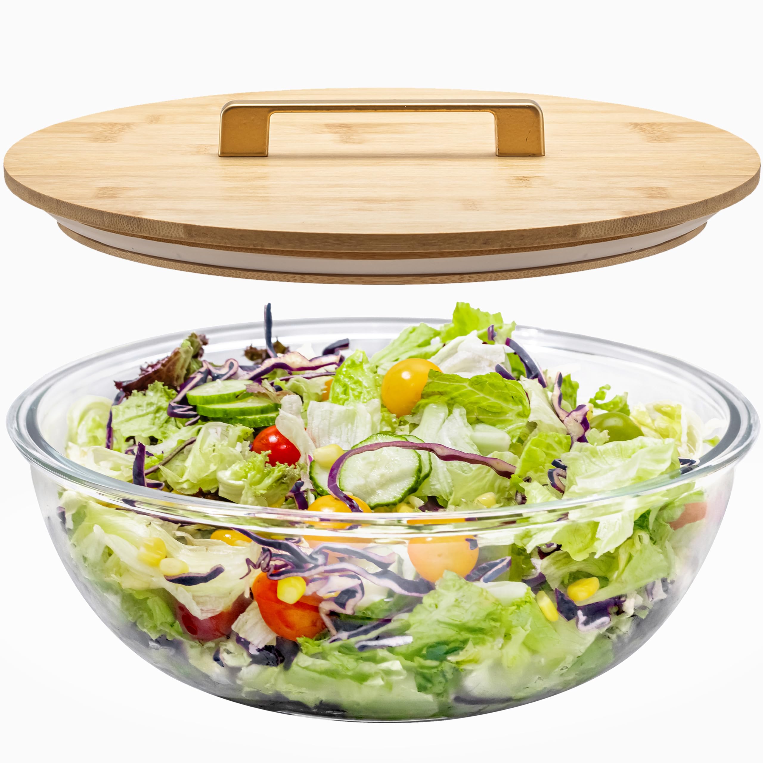 Tazón WM 6.5qt de vidrio con tapa de bambú, ideal para mezclar ensaladas y ver colores.