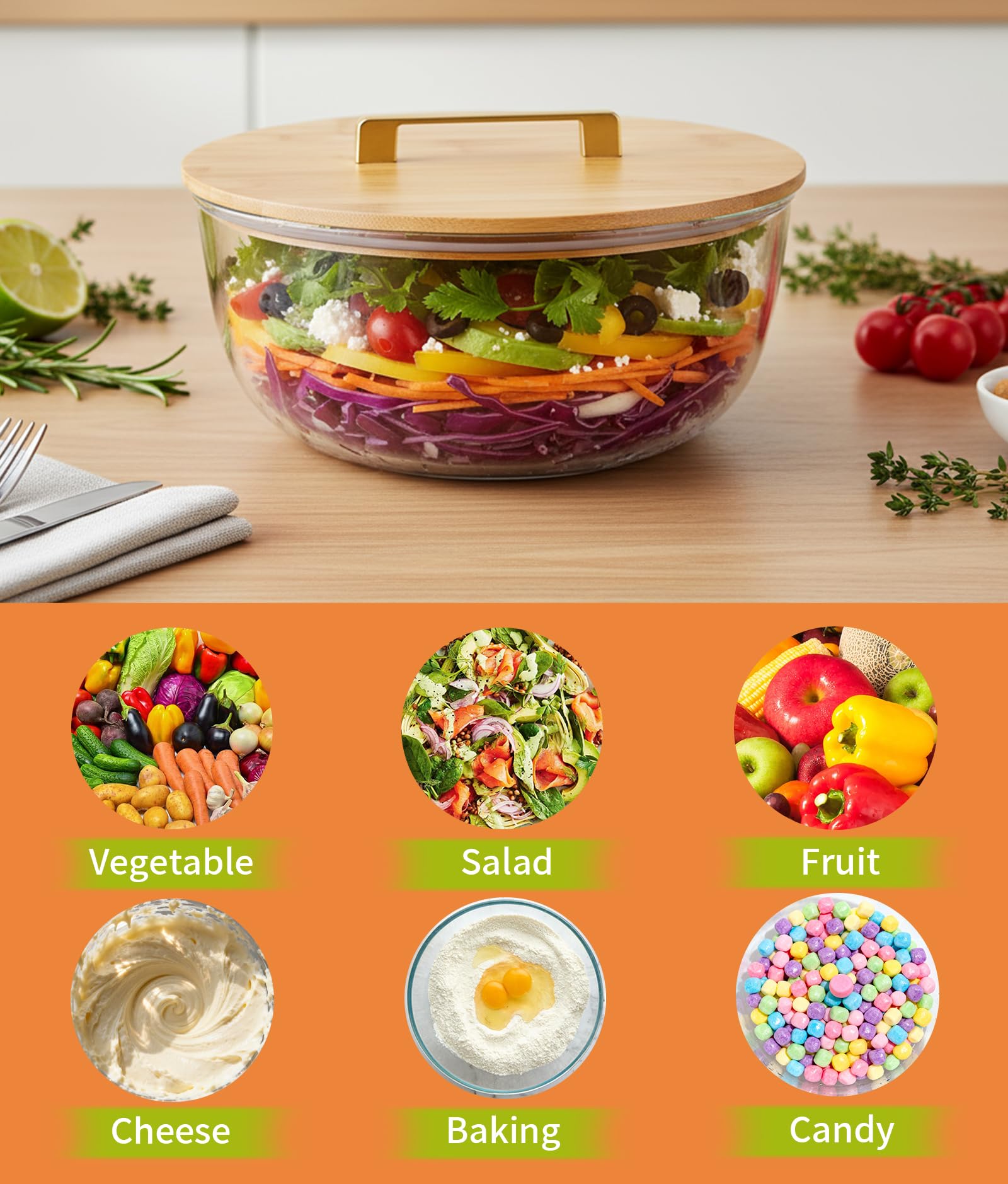 Tazón grande WM con ensaladas y frutas listas para servir.
