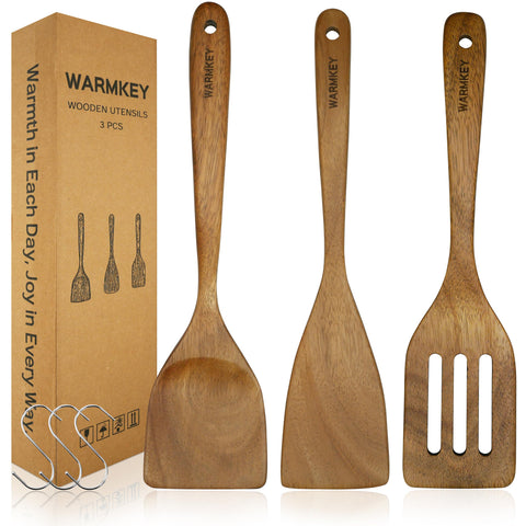 WARMKEY espátula de acacia plana, suave para superficies antiadherentes
