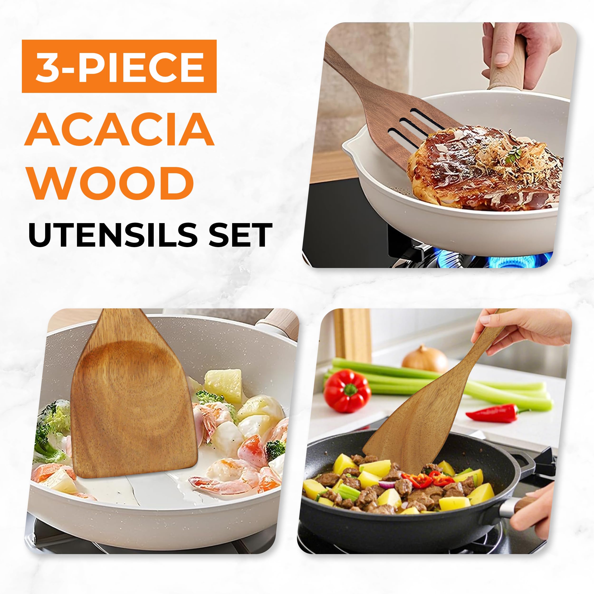 WARMKEY espátula de acacia con ranuras, fácil escurrir y voltear