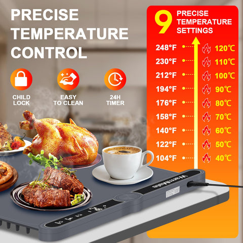 WarmMate control de temperatura de nueve niveles para mantener platos calientes.
