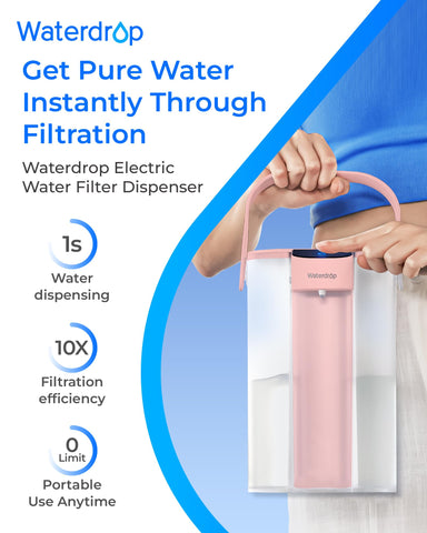 Waterdrop agua filtrada instantánea rosa para beber sin esperas.