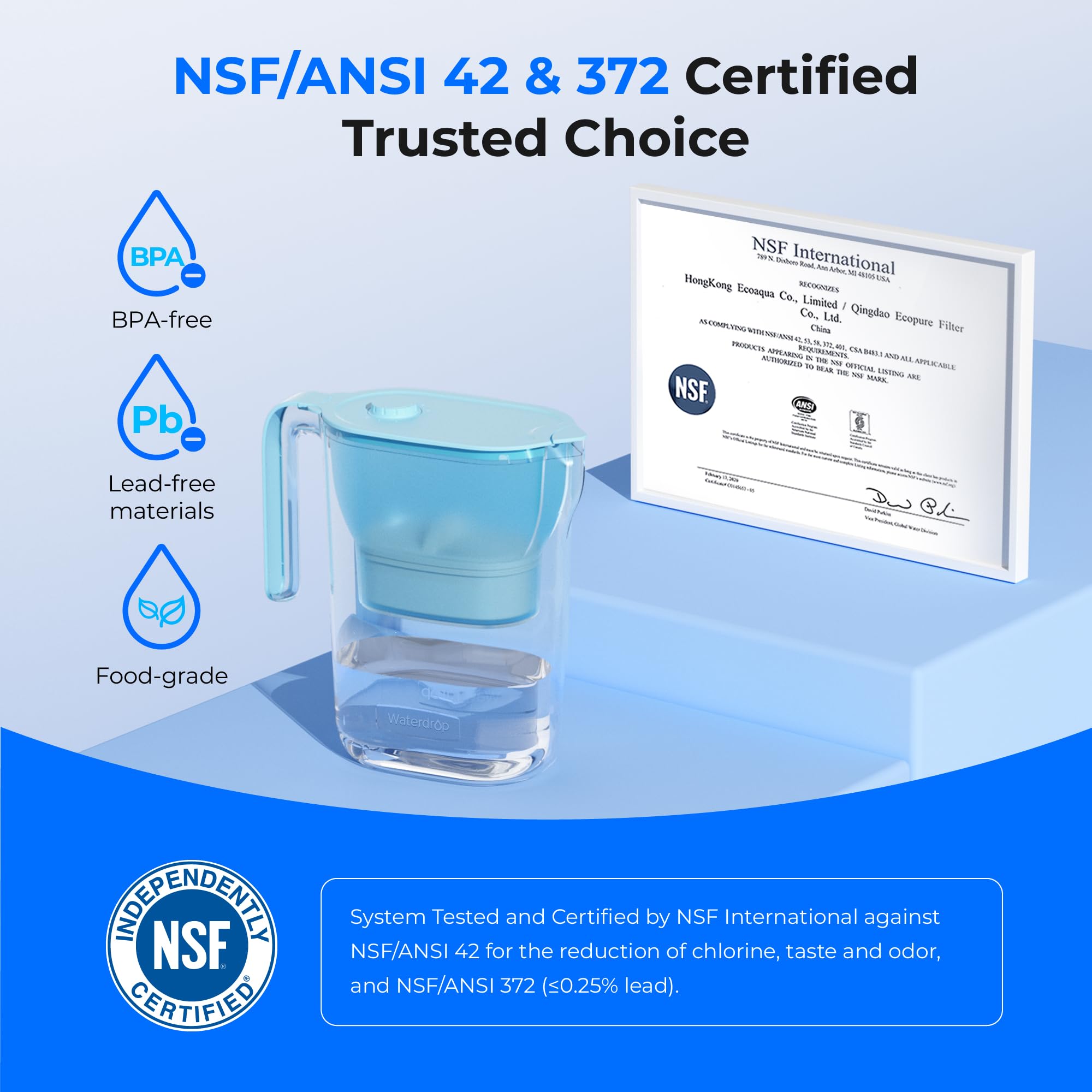 Waterdrop certificación NSF-ANSI 42 para jarra filtradora de agua confiable.