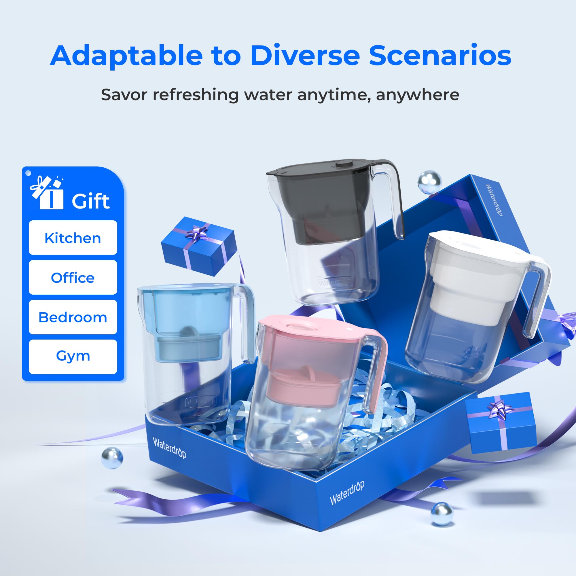 Waterdrop filtración con carbón activado en jarra para reducir cloro y olores.
