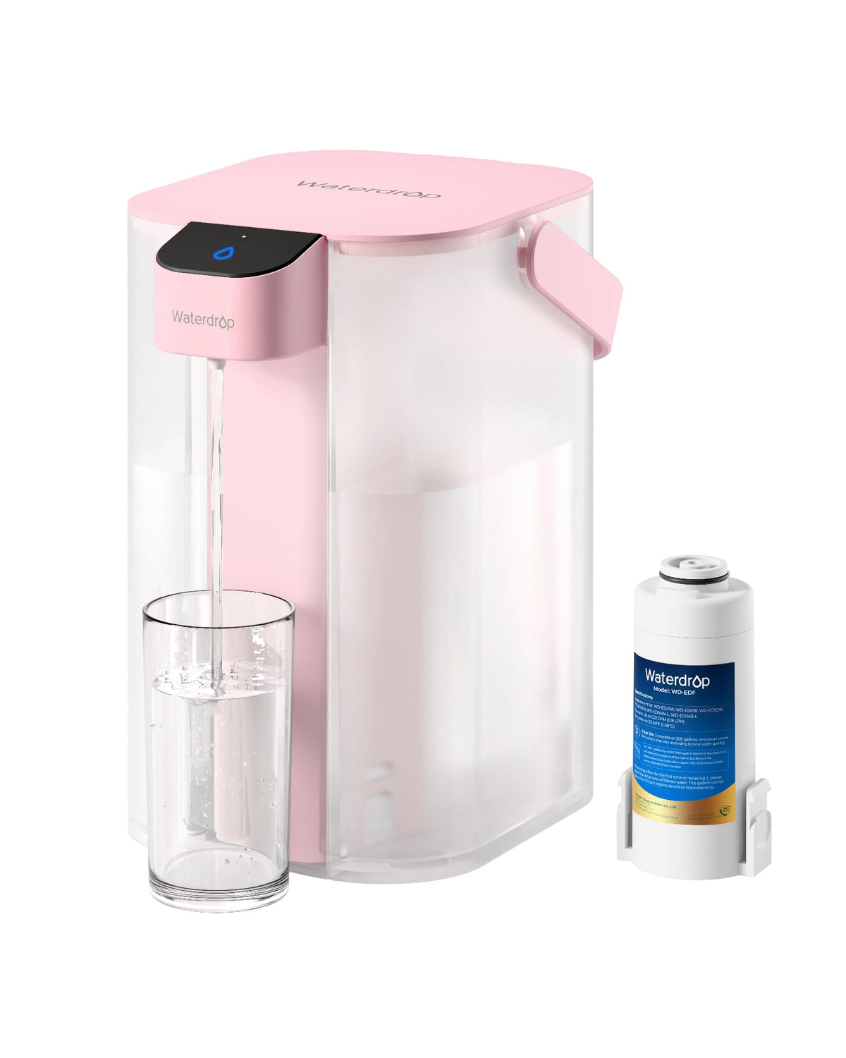 Waterdrop jarra filtradora eléctrica rosa, diseño compacto para la encimera.