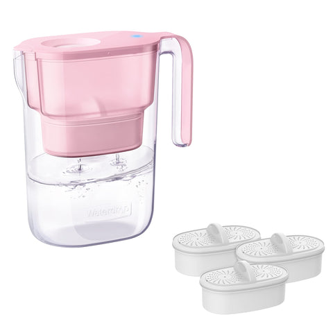 Waterdrop Jarra filtradora rosa Elfin frente, con capacidad de 7 tazas para consumo diario.