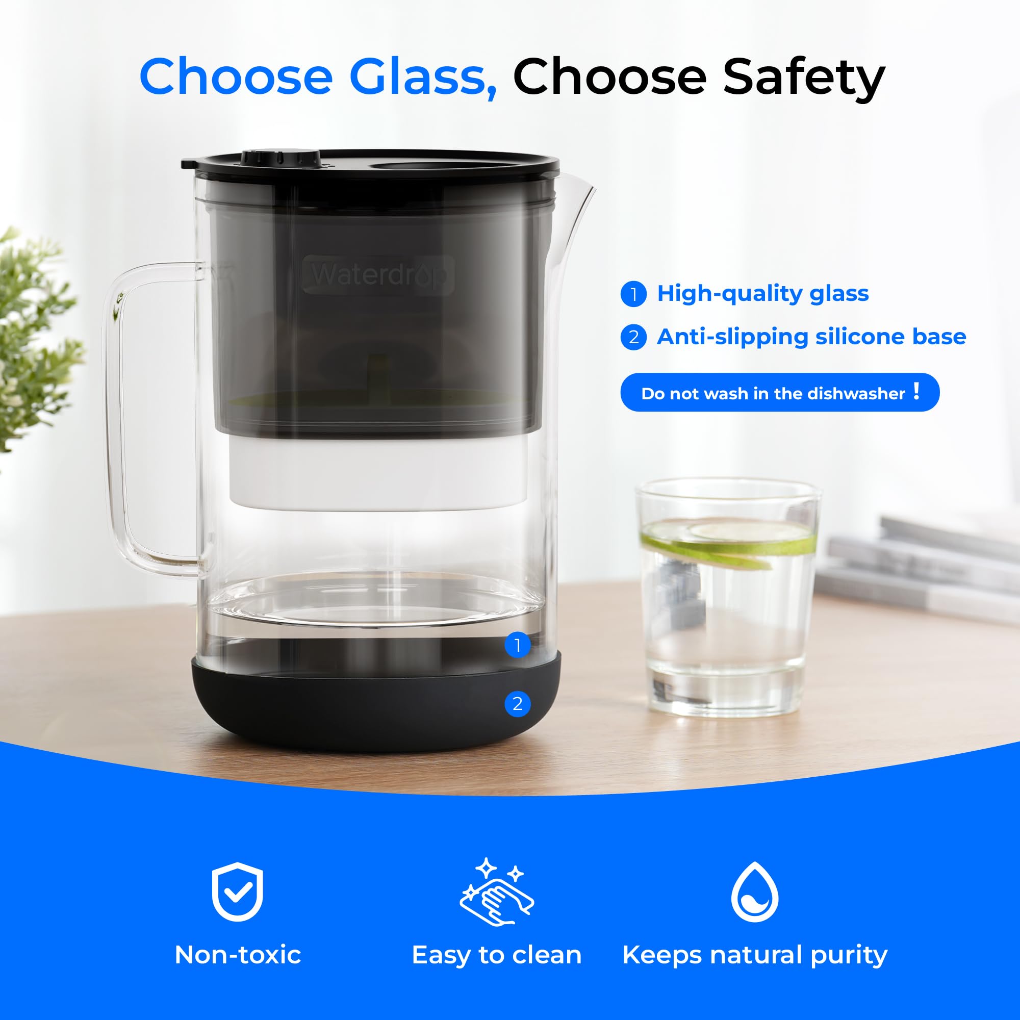 Waterdrop jarra filtradora de vidrio grande, llenando, muestra facilidad de uso.