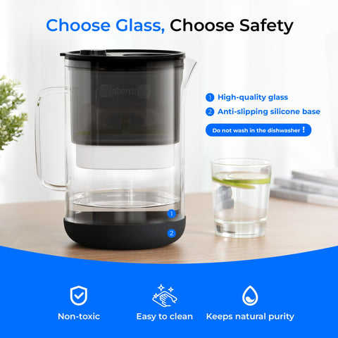 Waterdrop jarra filtradora de vidrio grande, llenando, muestra facilidad de uso.
