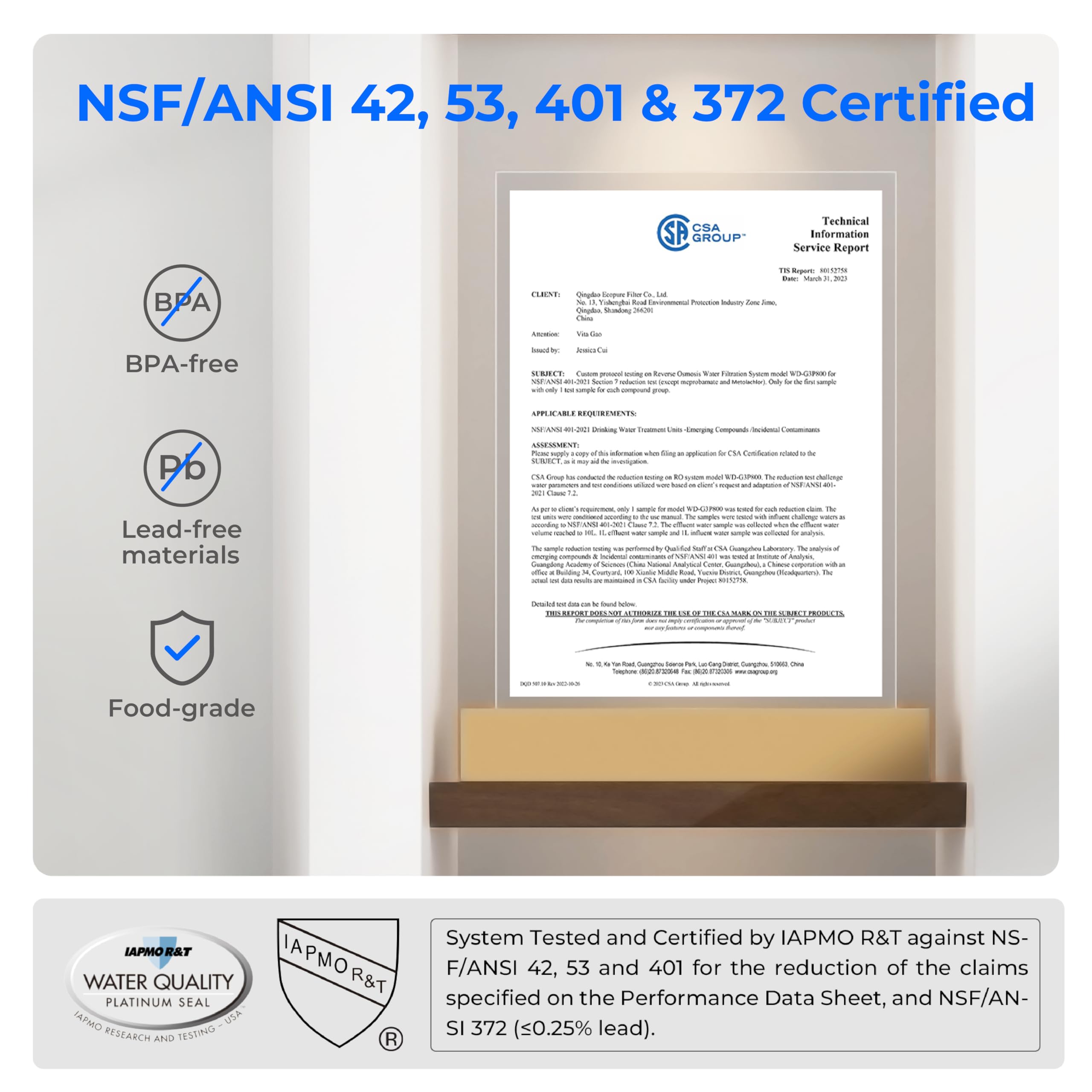 Waterdrop certificado NSF-ANSI para seguridad y limpieza del agua
