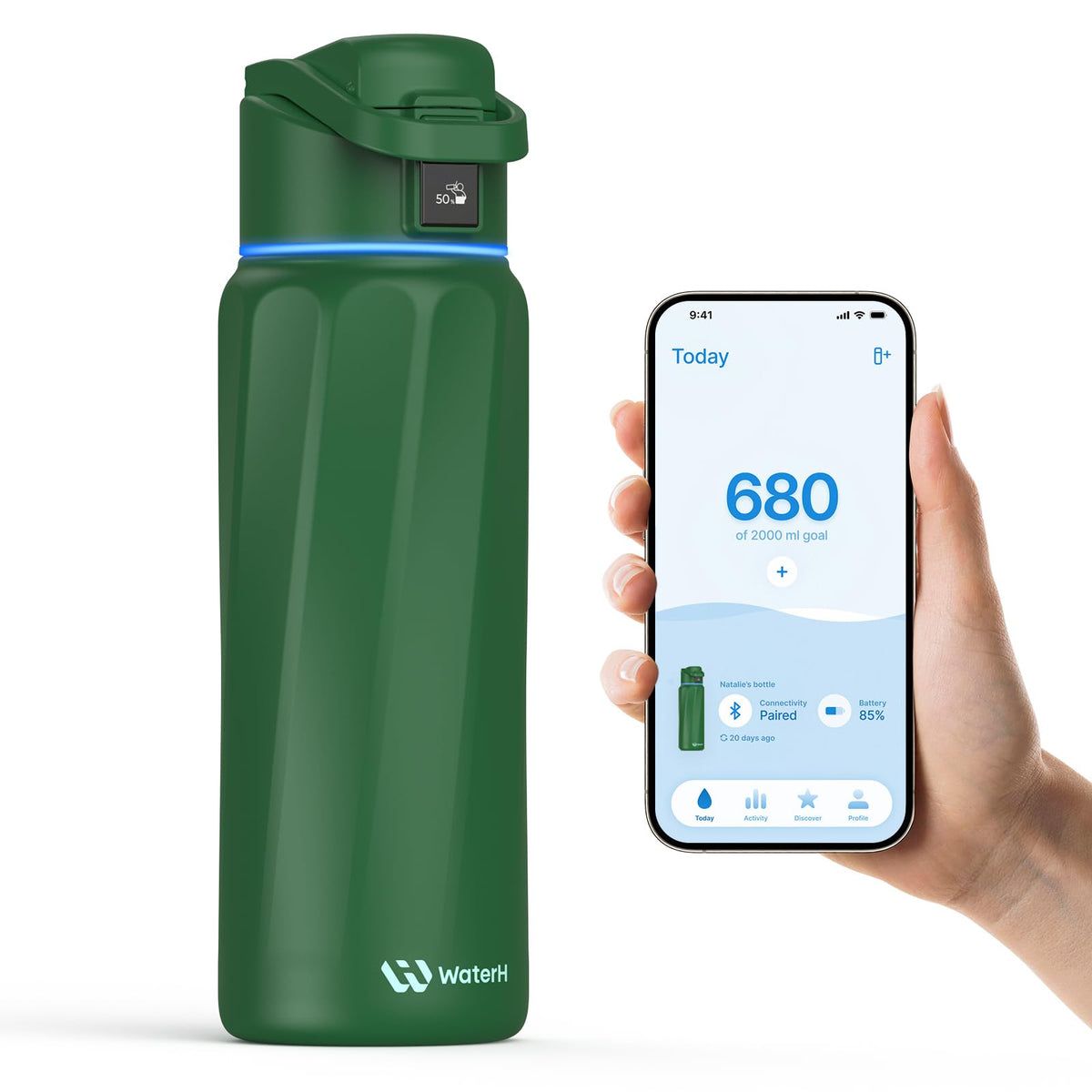 WaterH Boost con tapa LED para recordatorios de hidratación.