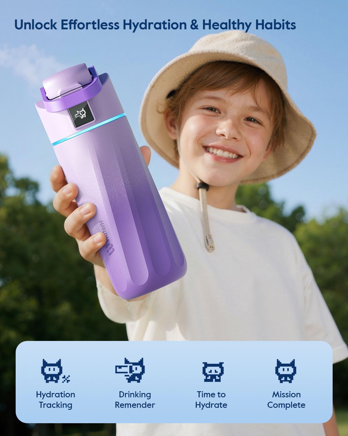 WaterH Boost, botella infantil rosa, fomenta hábitos de bebida saludables con recordatorios.