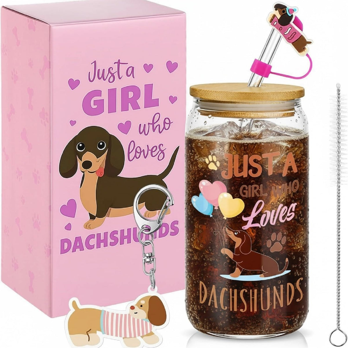 Vaso Wavwavw dachshund de vidrio de 16 onzas con tapa y pajilla para bebidas.