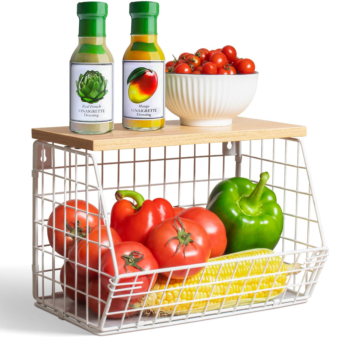 Cesta Wawocs de alambre blanca, vista frontal para organizar frutas en el mostrador