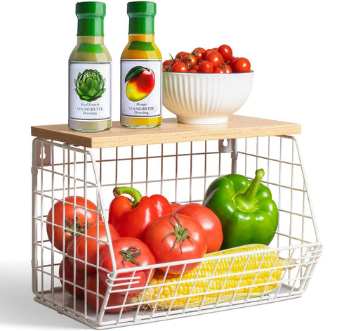 Cesta Wawocs de alambre blanca, vista frontal para organizar frutas en el mostrador