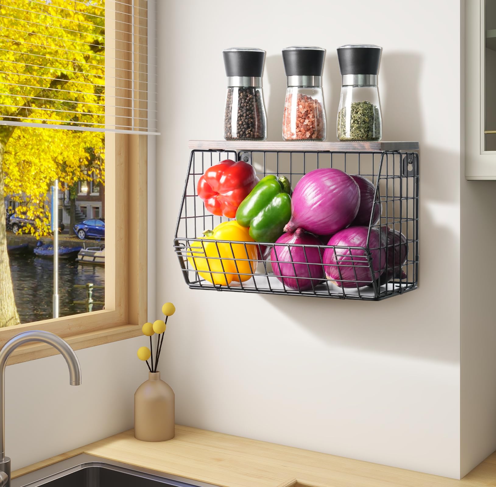 Wawocs: tapa de madera para la cesta mantiene alimentos protegidos y visibles.