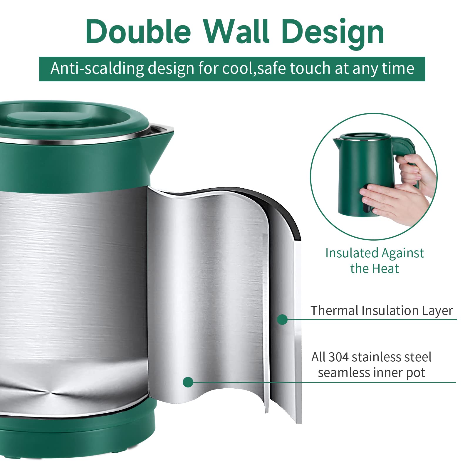 Tetera Wdcme verde, mango ergonómico para agarre cómodo.