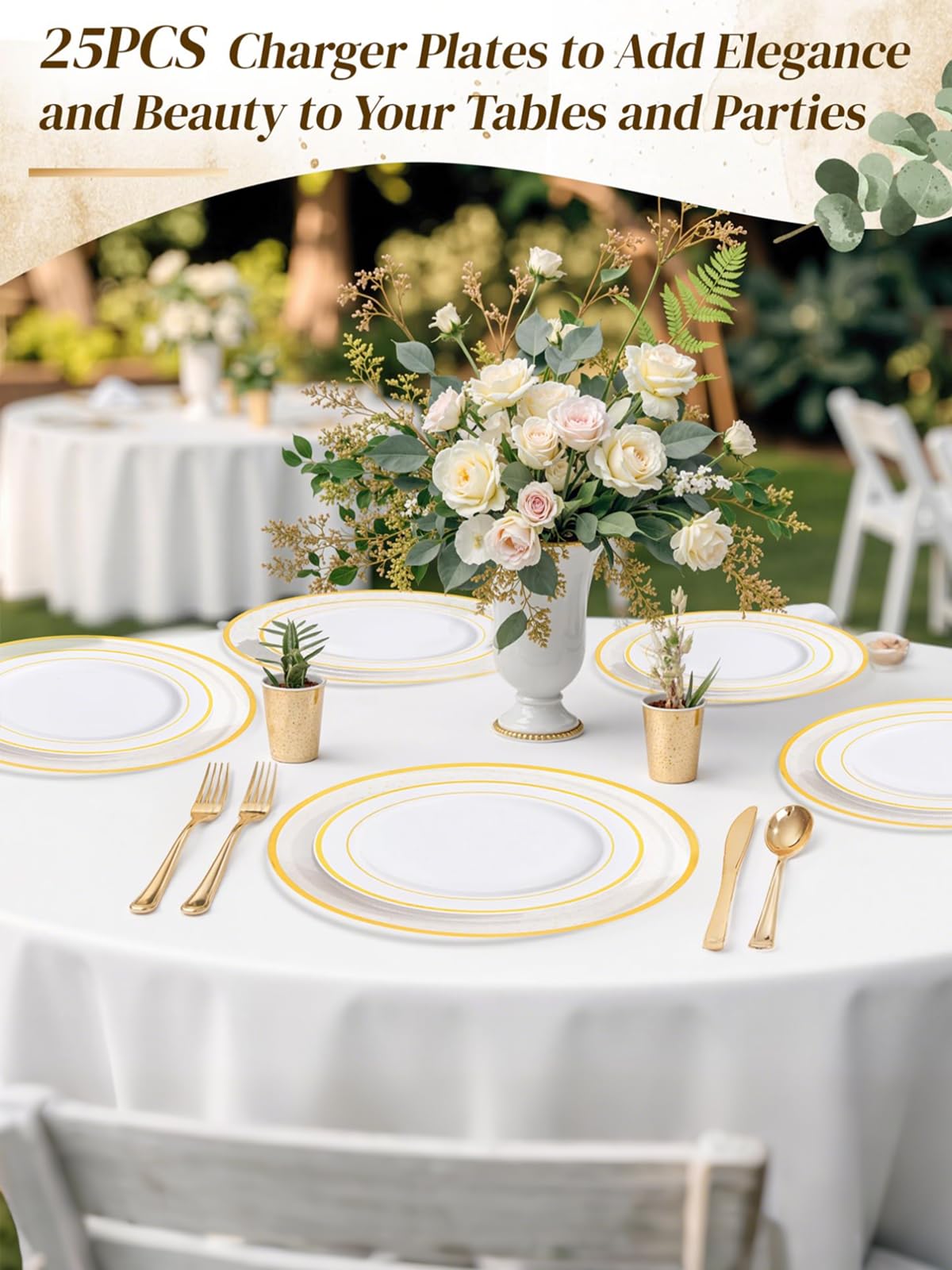 Plato desechable WDF para banquetes y bodas con acabado dorado.