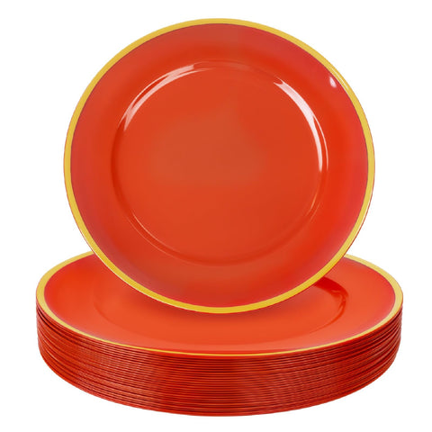 Plato cargador rojo con borde dorado de WDF para mesa elegante.
