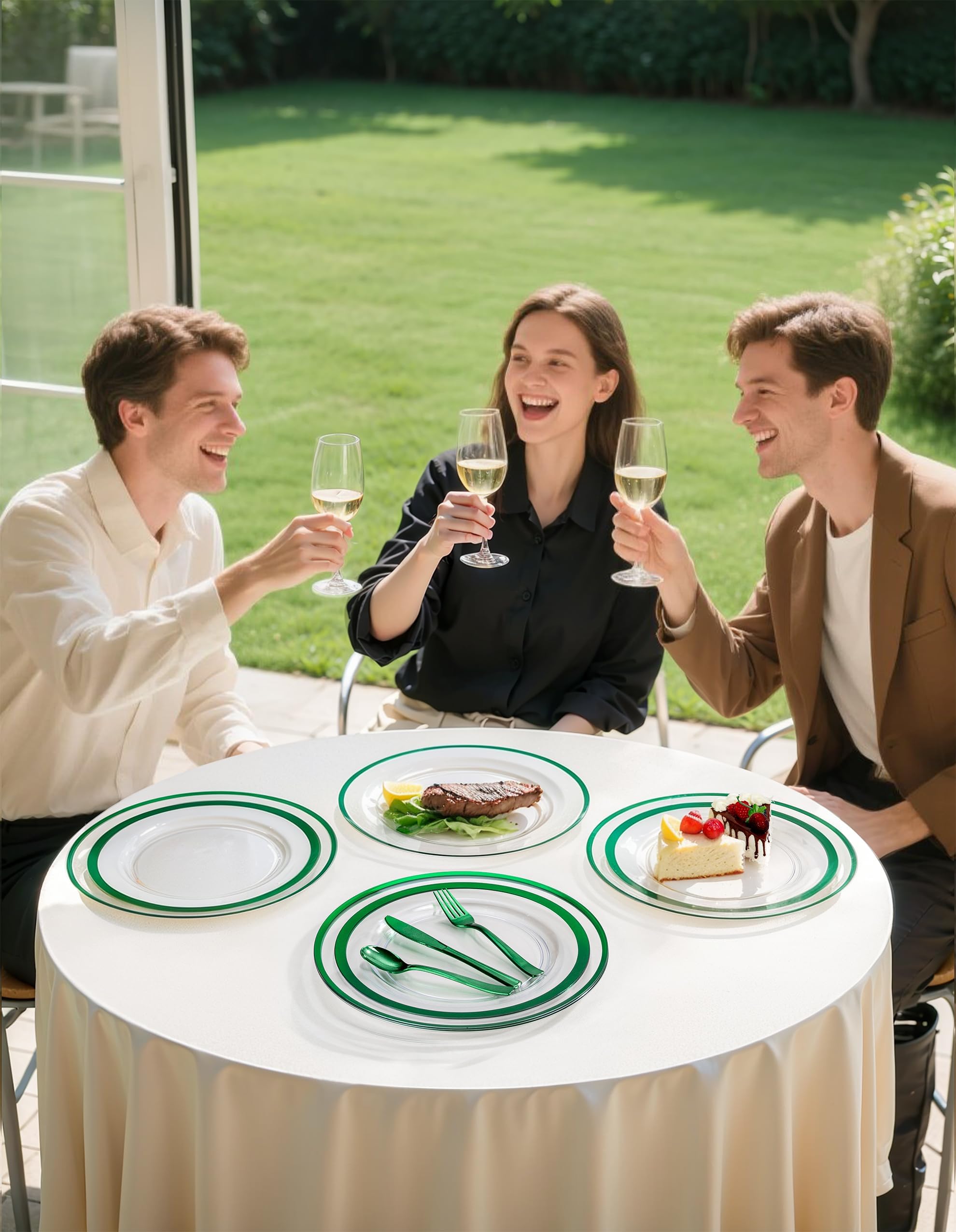 Cena formal: base clara con borde verde que realza la vajilla