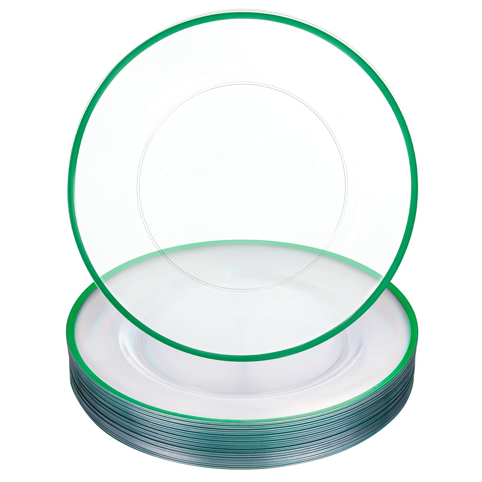 Plato cargador verde WDF, base transparente con borde verde, presentación elegante en mesa