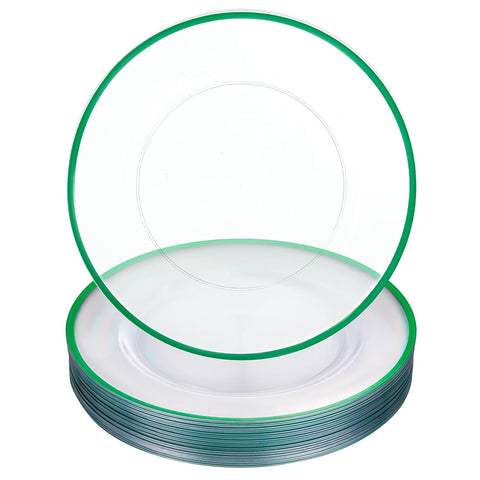 Plato cargador verde WDF, base transparente con borde verde, presentación elegante en mesa