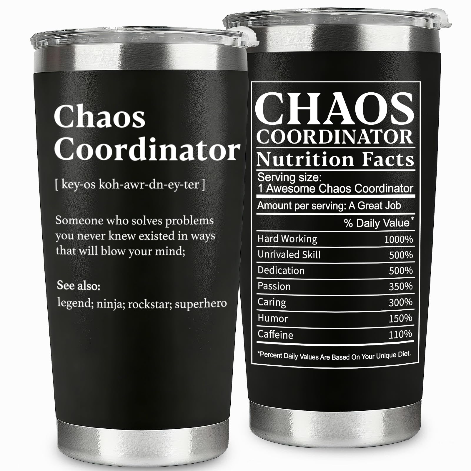 WECACYD Chaos Coordinator Tumbler con impresión frontal, ideal para agradecer en la oficina.