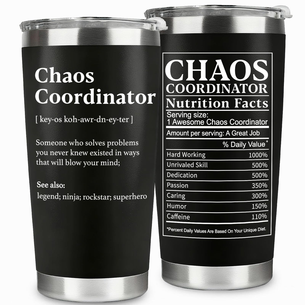 WECACYD Chaos Coordinator Tumbler con impresión frontal, ideal para agradecer en la oficina.