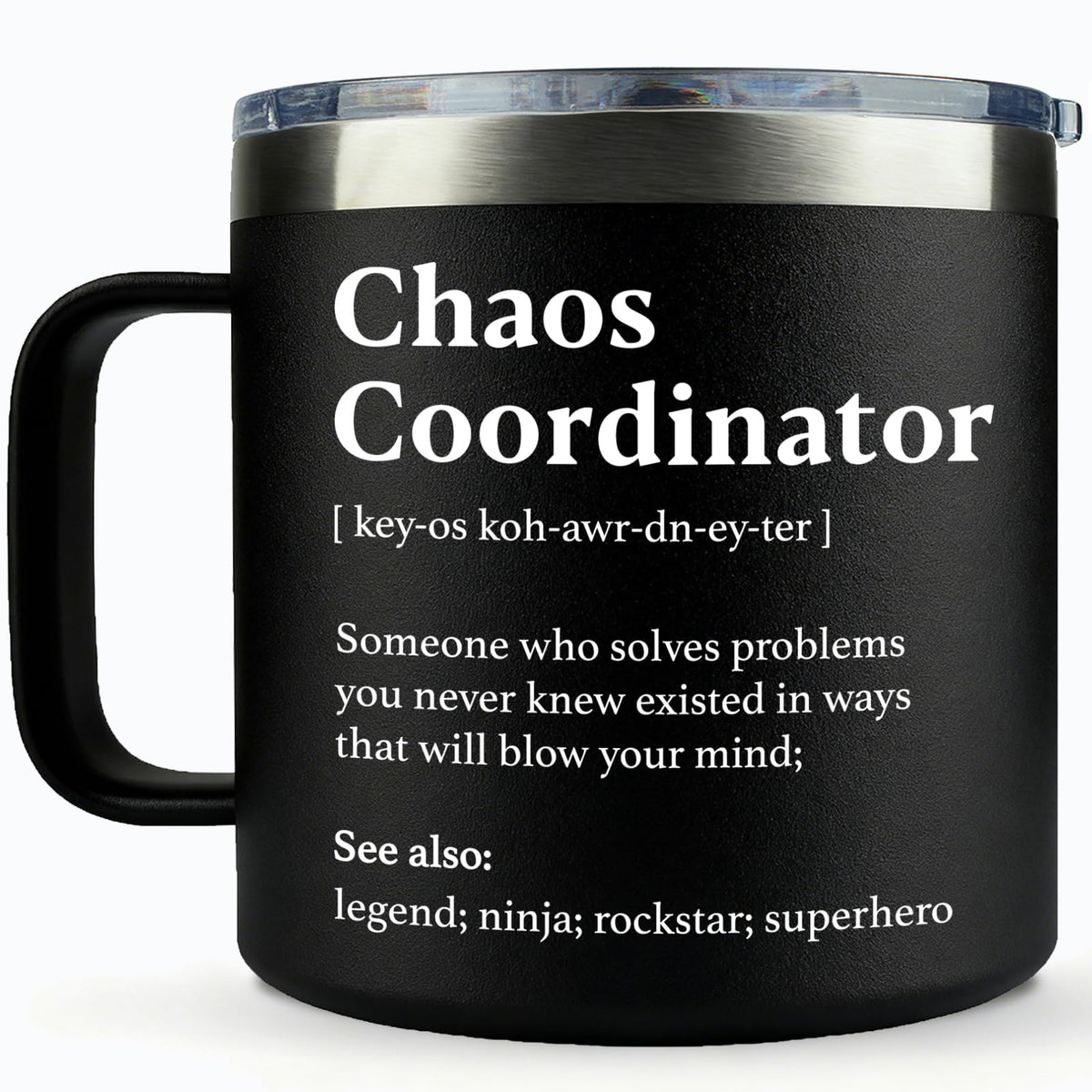 Taza WECACYD Coordinador del Caos 14 onzas negra, ideal para la oficina.