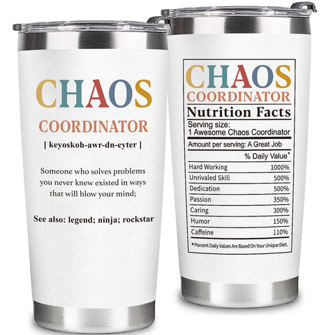 WeCACYD Coordinadora del Caos, vaso térmico blanco con frente legible, regalo ideal.