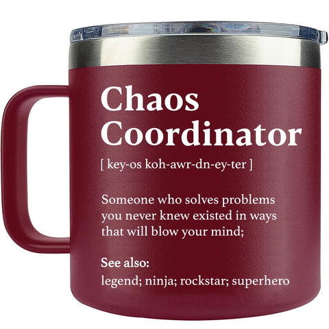 Taza coordinadora del caos de WECACYD, 14oz en rojo, ideal para escritorio.