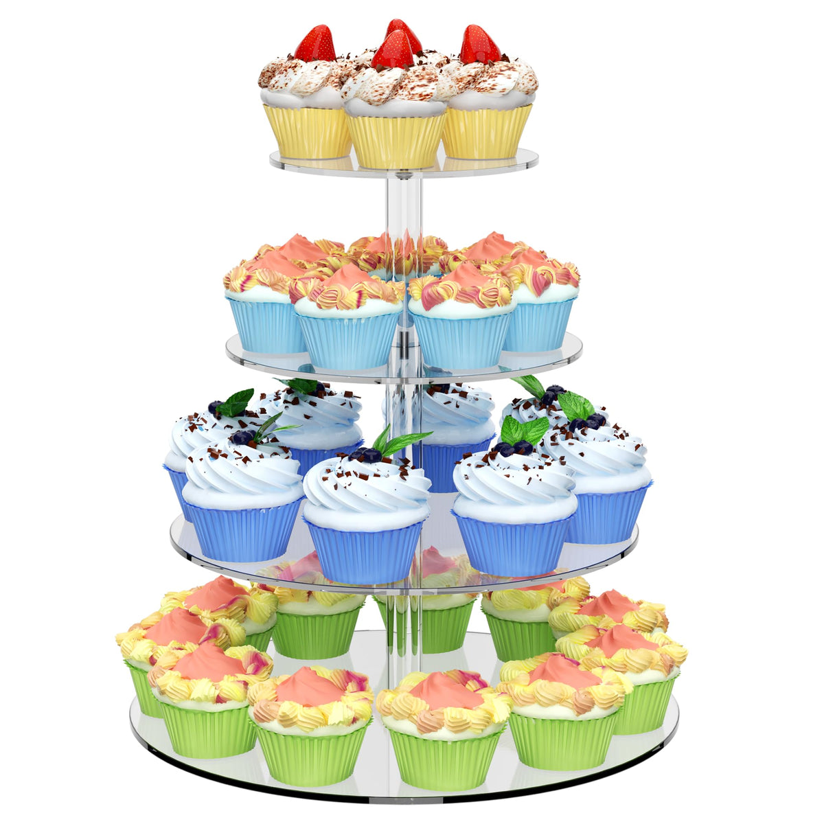 Torre de cupcakes WeddingWish de 4 niveles en acrílico, ideal para mesas elegantes.
