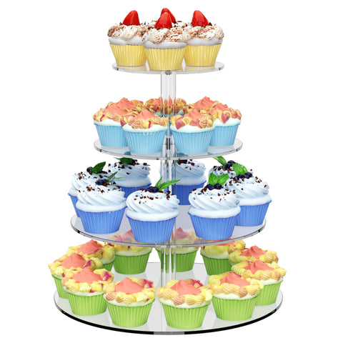 Torre de cupcakes WeddingWish de 4 niveles en acrílico, ideal para mesas elegantes.