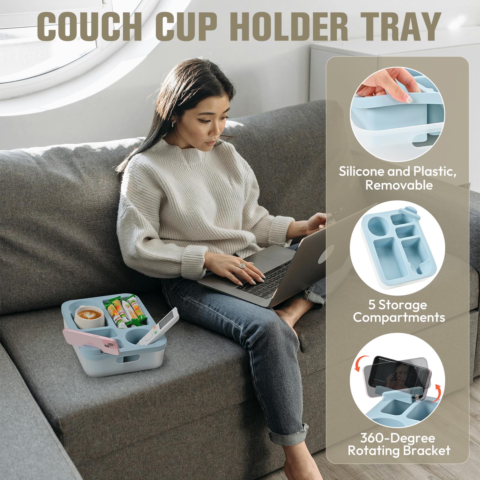 Weeme bandeja para sillón con compartimentos compactos para bebidas y mandos.