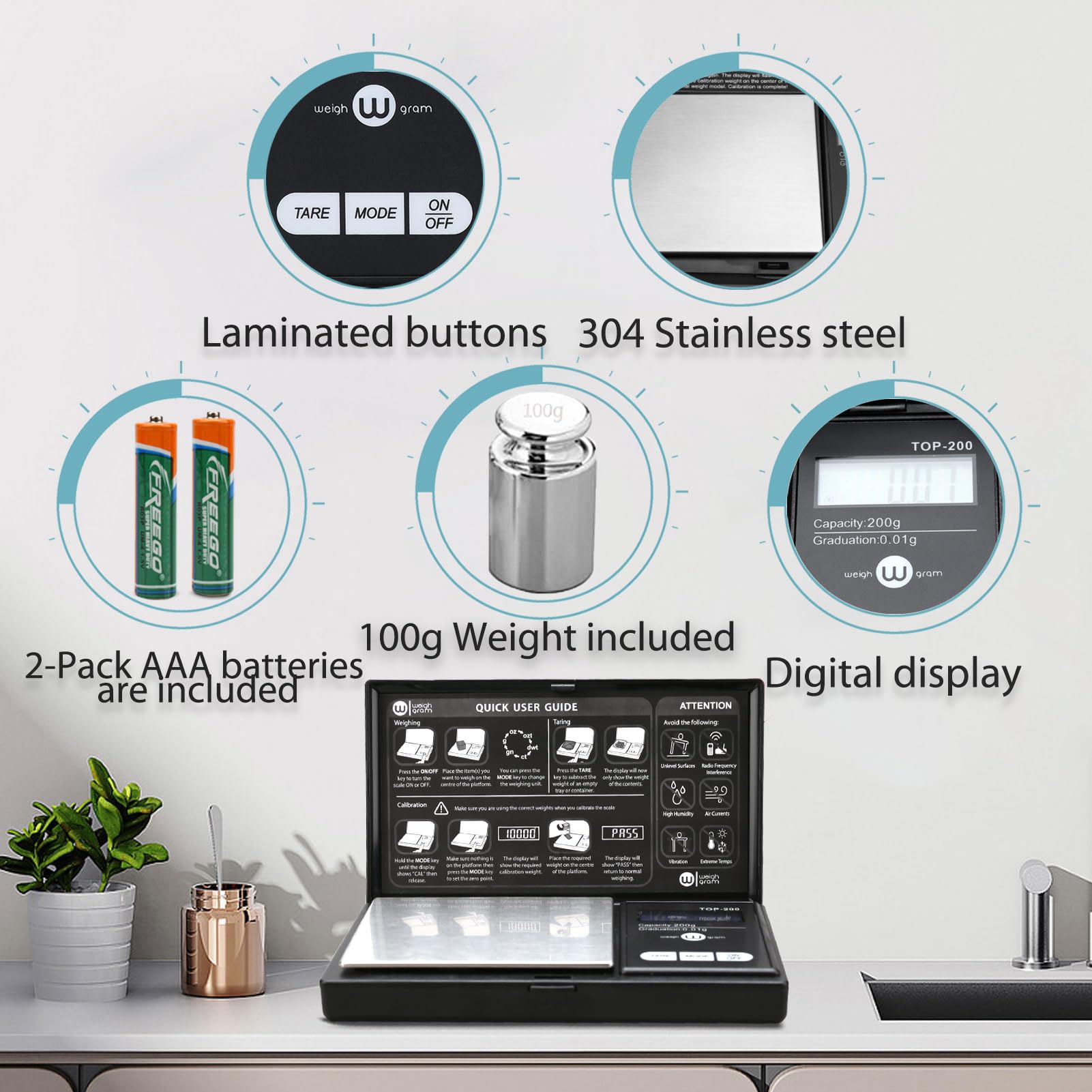 Balanza Weigh Gram con botones táctiles y pantalla azul de lectura rápida